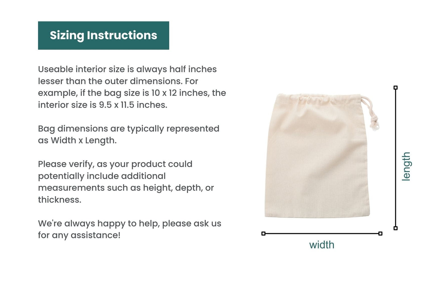 6x10 Inches 100% Organic Cotton Single Drawstring Muslin Bags