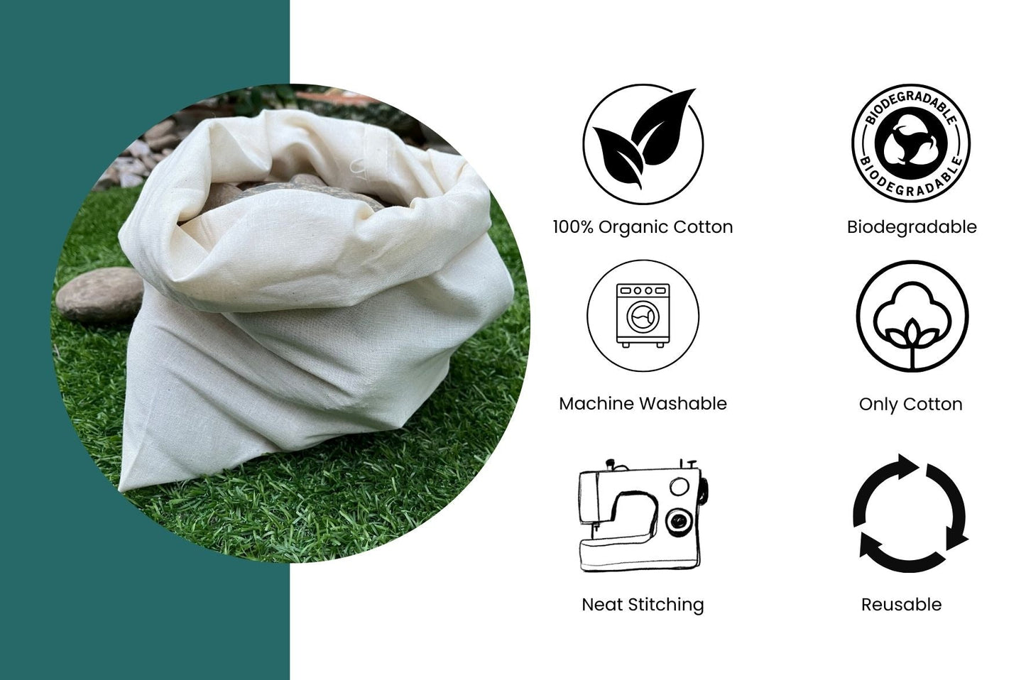 6x10 Inches 100% Organic Cotton Single Drawstring Muslin Bags