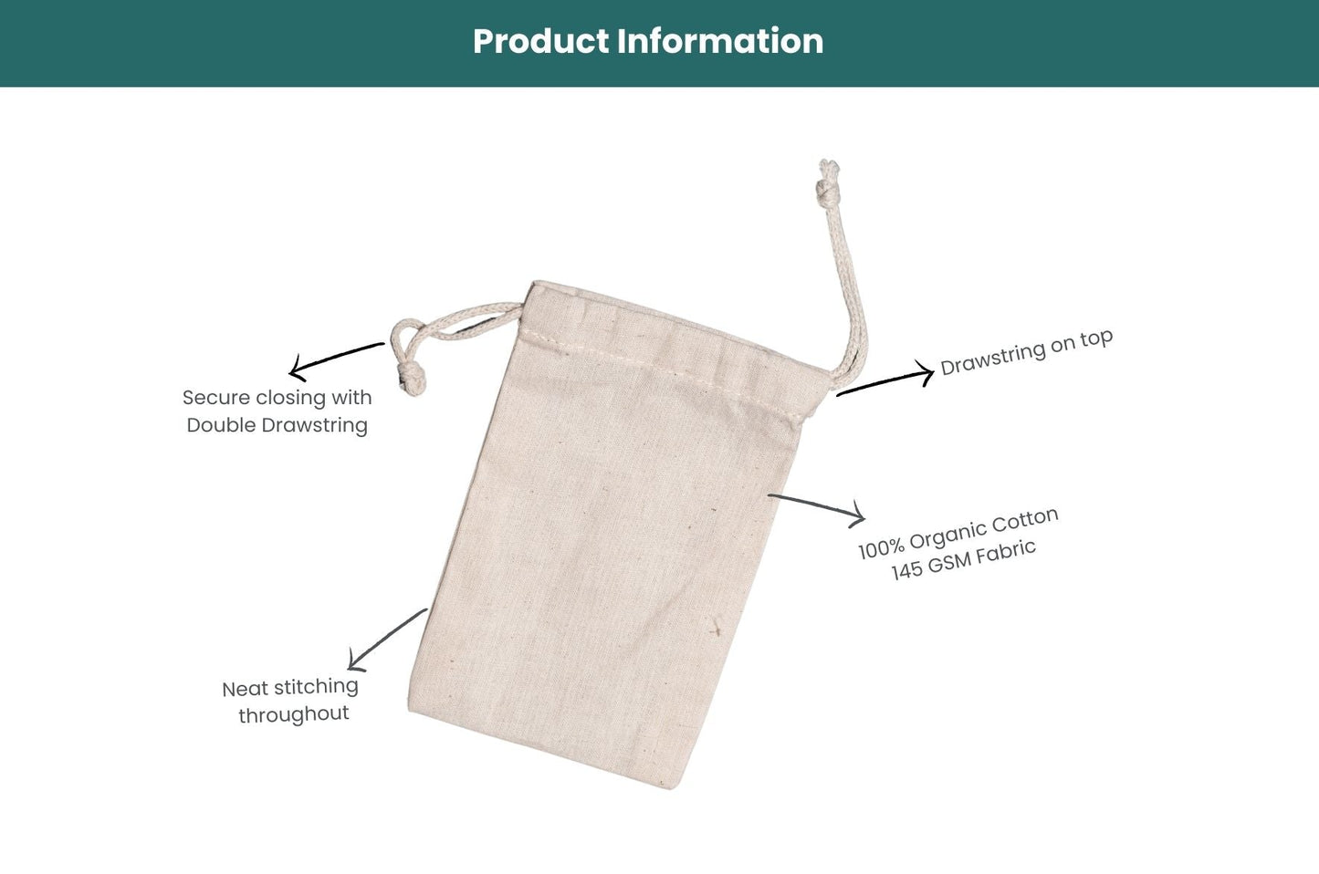 3x4 Inches 100% Organic Cotton Double Drawstring Muslin Bags