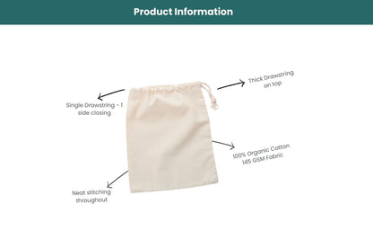 3x5 Inches 100% Organic Cotton Single Drawstring Muslin Bags