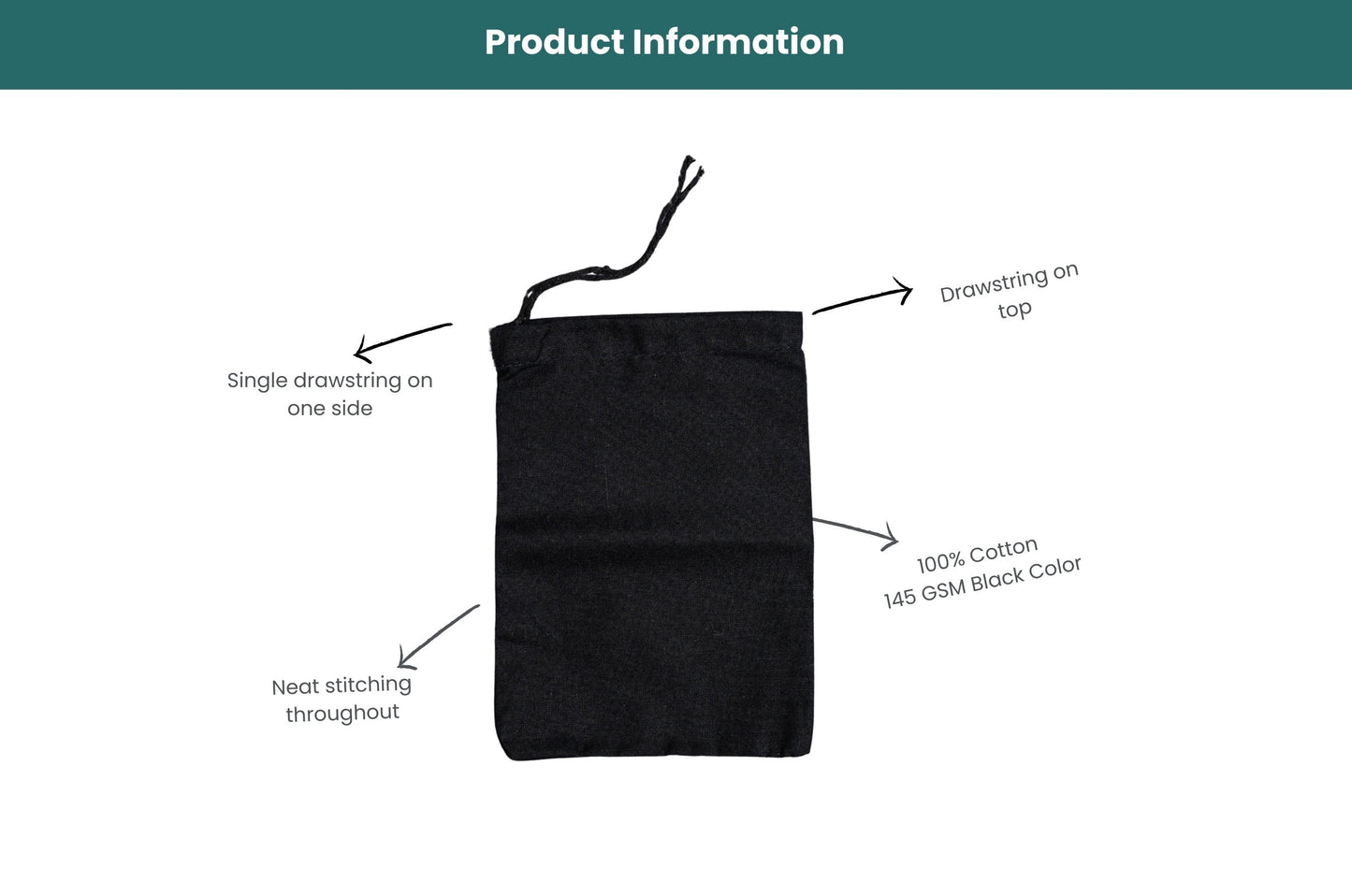 12x16 Inches 100% Black Cotton Single Drawstring Muslin Bags