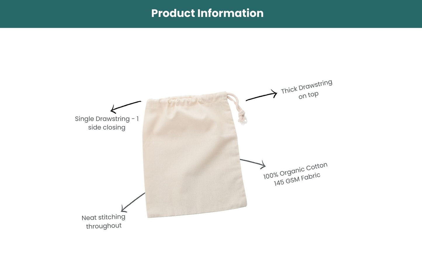 12x16 Inches 100% Organic Cotton Single Drawstring Muslin Bags