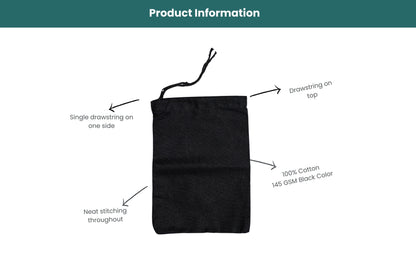 100% Black Cotton Single Drawstring Muslin Bags