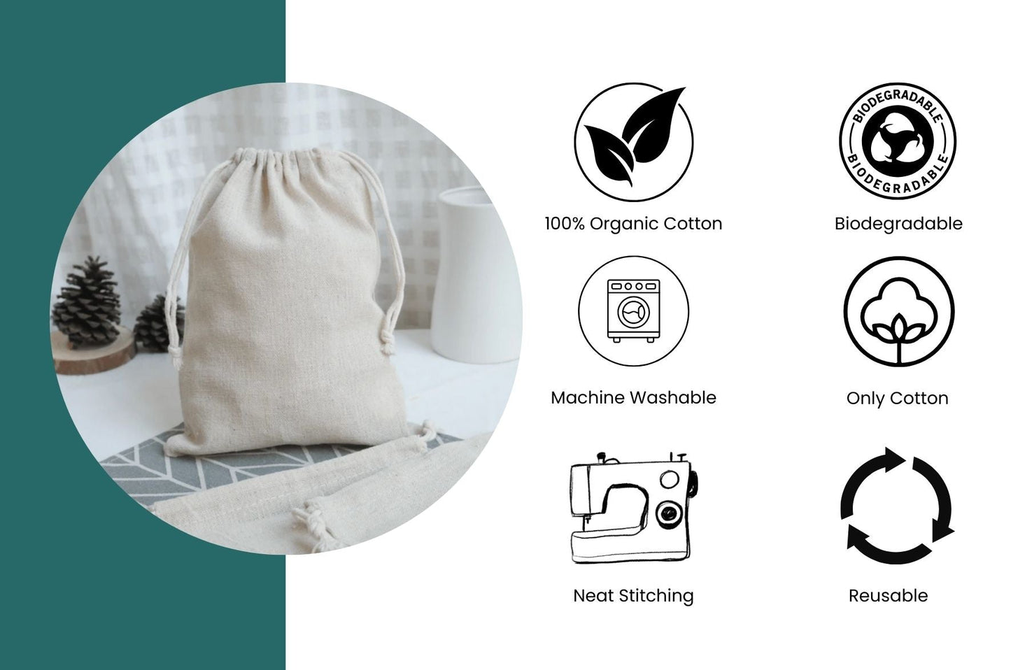 4x6 Inches 100% Organic Canvas Cotton Drawstring Muslin Bags