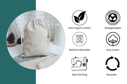 4x6 Inches 100% Organic Canvas Cotton Drawstring Muslin Bags