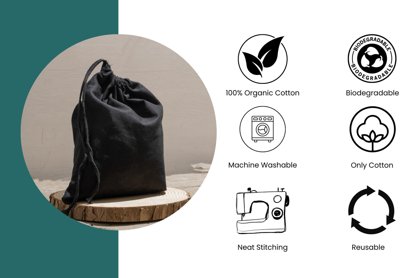 100% Black Cotton Single Drawstring Muslin Bags